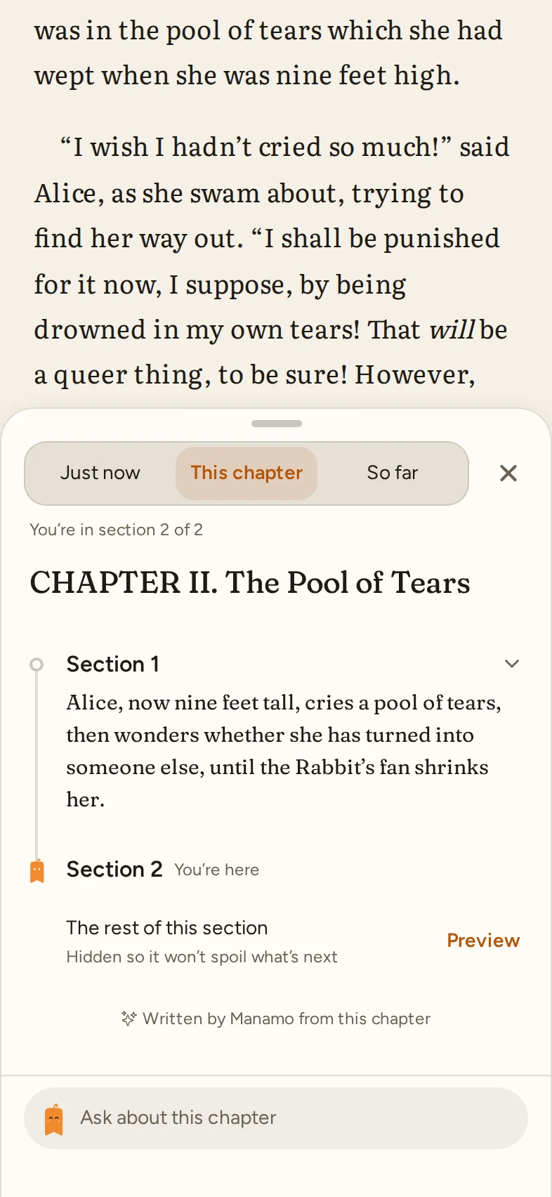 Catch up on This chapter: the parts of Chapter II with the reader’s place marked and the parts ahead folded behind Preview.