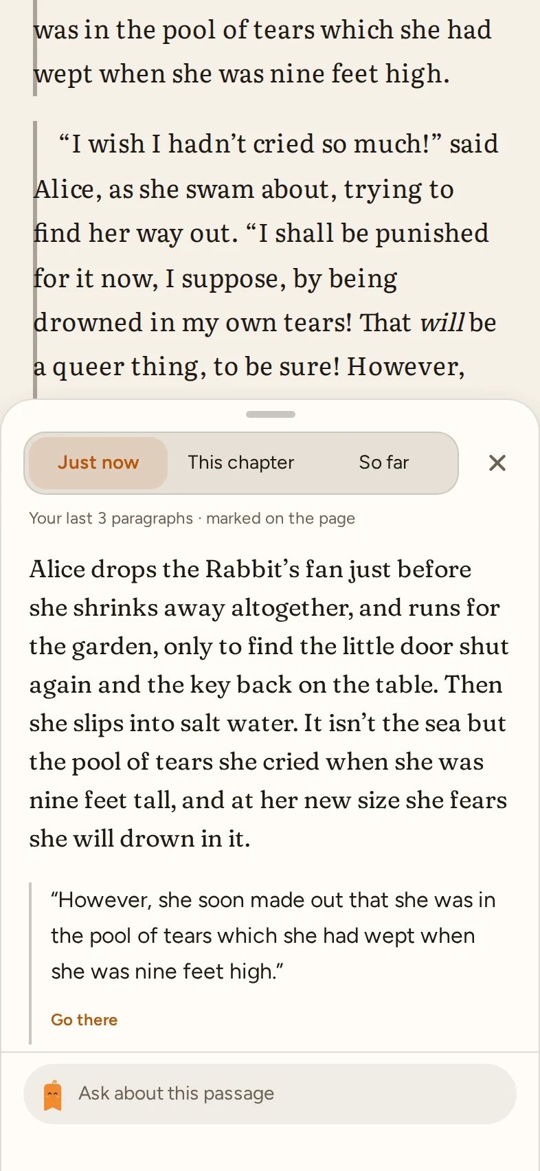 Catch up on Just now: the last three paragraphs of Alice’s Adventures in Wonderland marked on the page and explained in a few lines, with a line quoted from them.