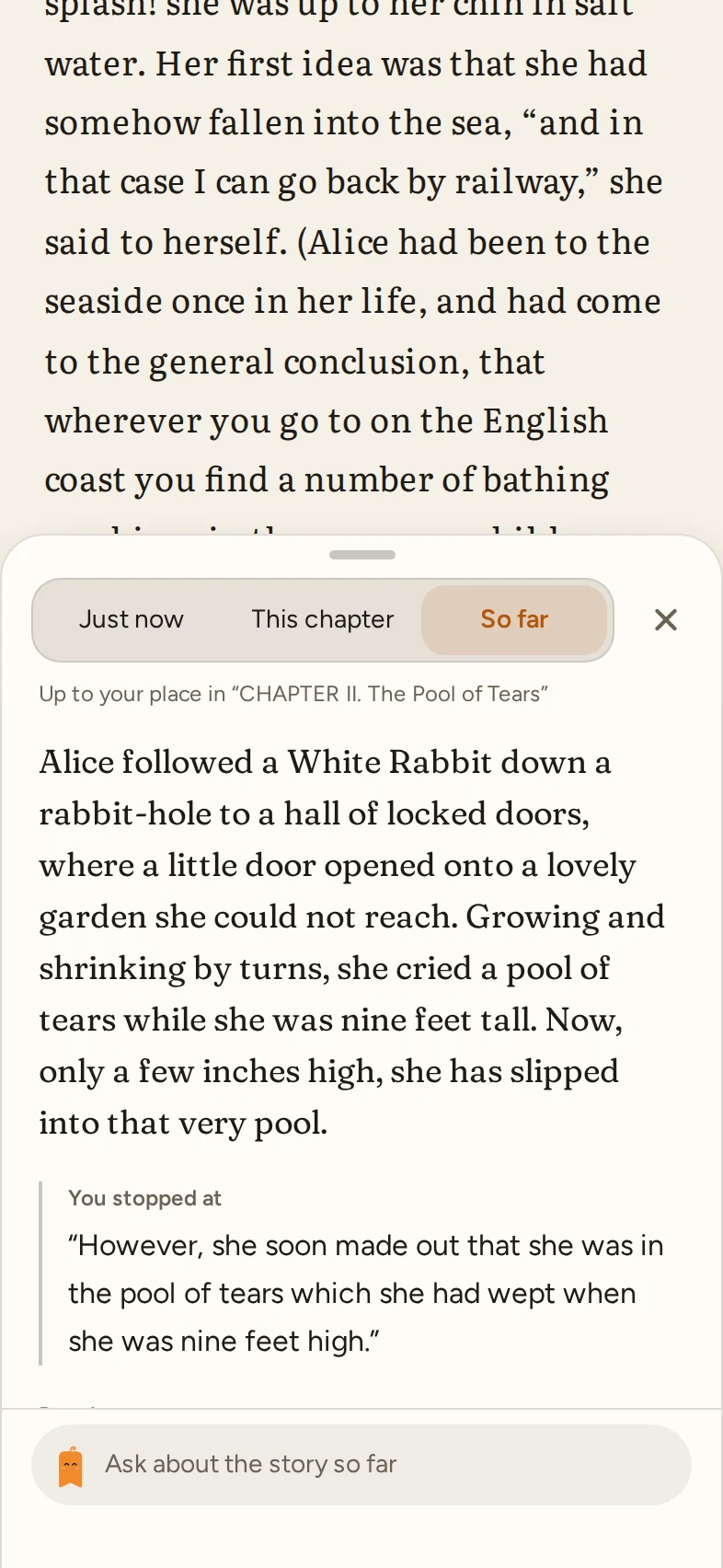 Catch up on So far: the story of Alice’s Adventures in Wonderland up to the reader’s place.