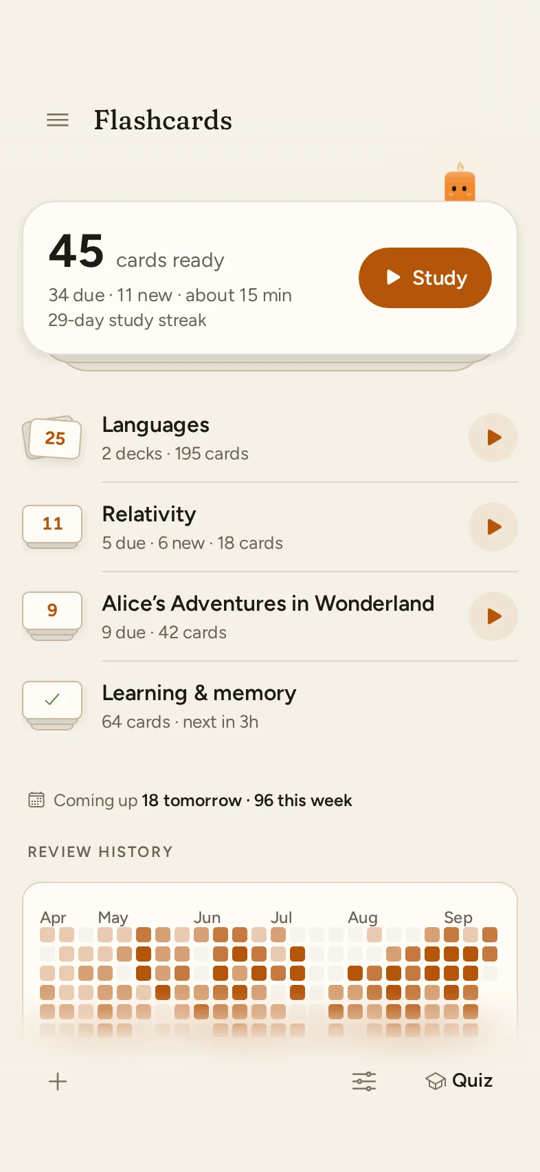 Flashcards home: today’s cards ready to study, followed by decks and a folder.