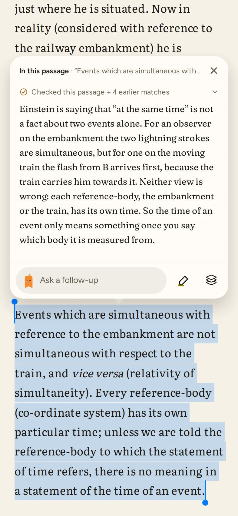 Manamo’s reader open to Einstein’s Relativity, with a passage selected and a card explaining it, listing the sections it checked, above an Ask a follow-up field.