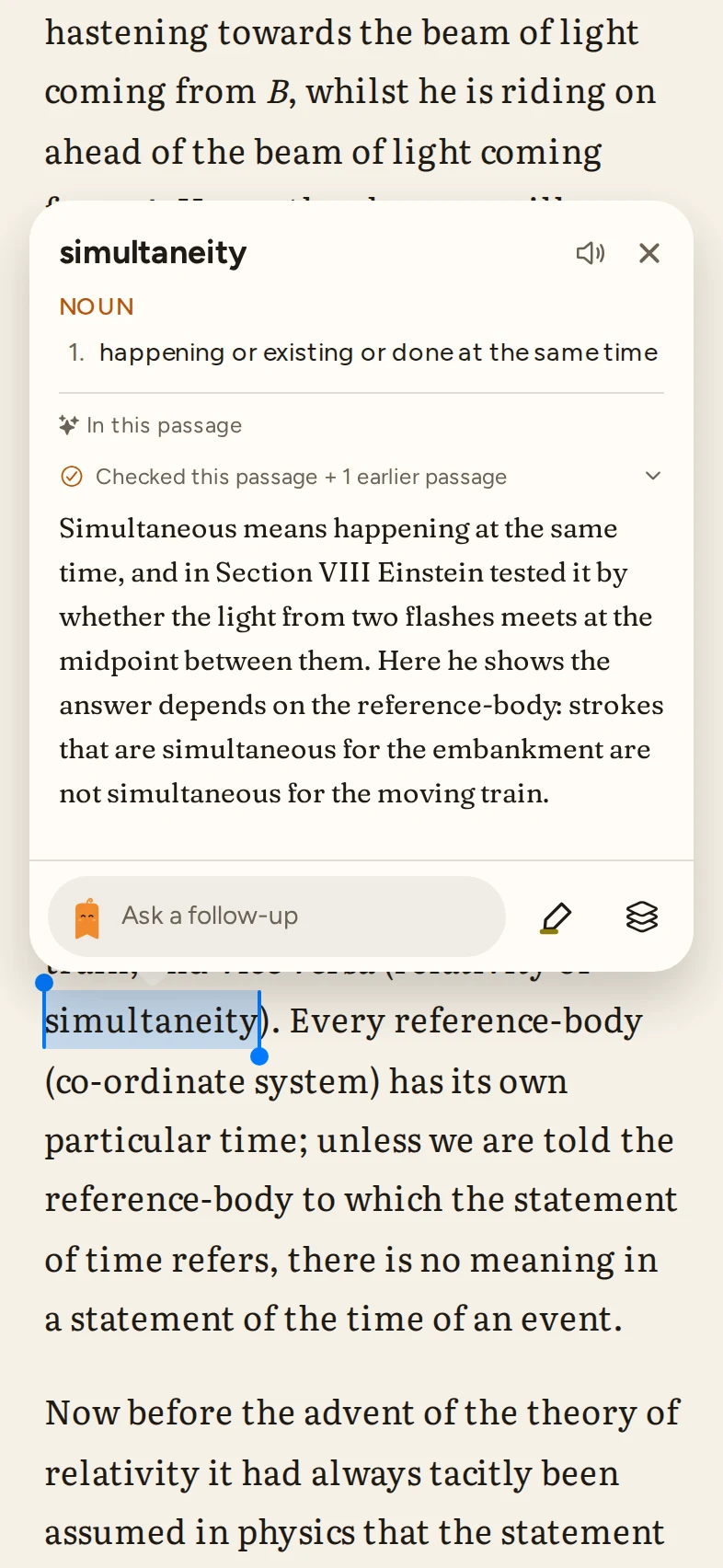 A word selected in Relativity, with its dictionary definition and what it means in this passage.