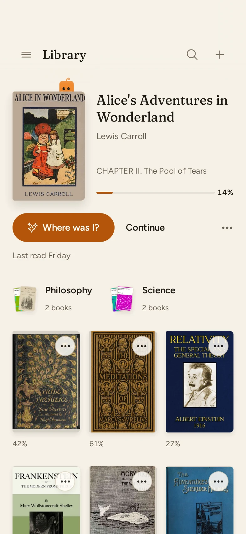 Manamo’s library: the book being read at the top with Mo tucked in as its bookmark and Where was I? ready, and more books below.