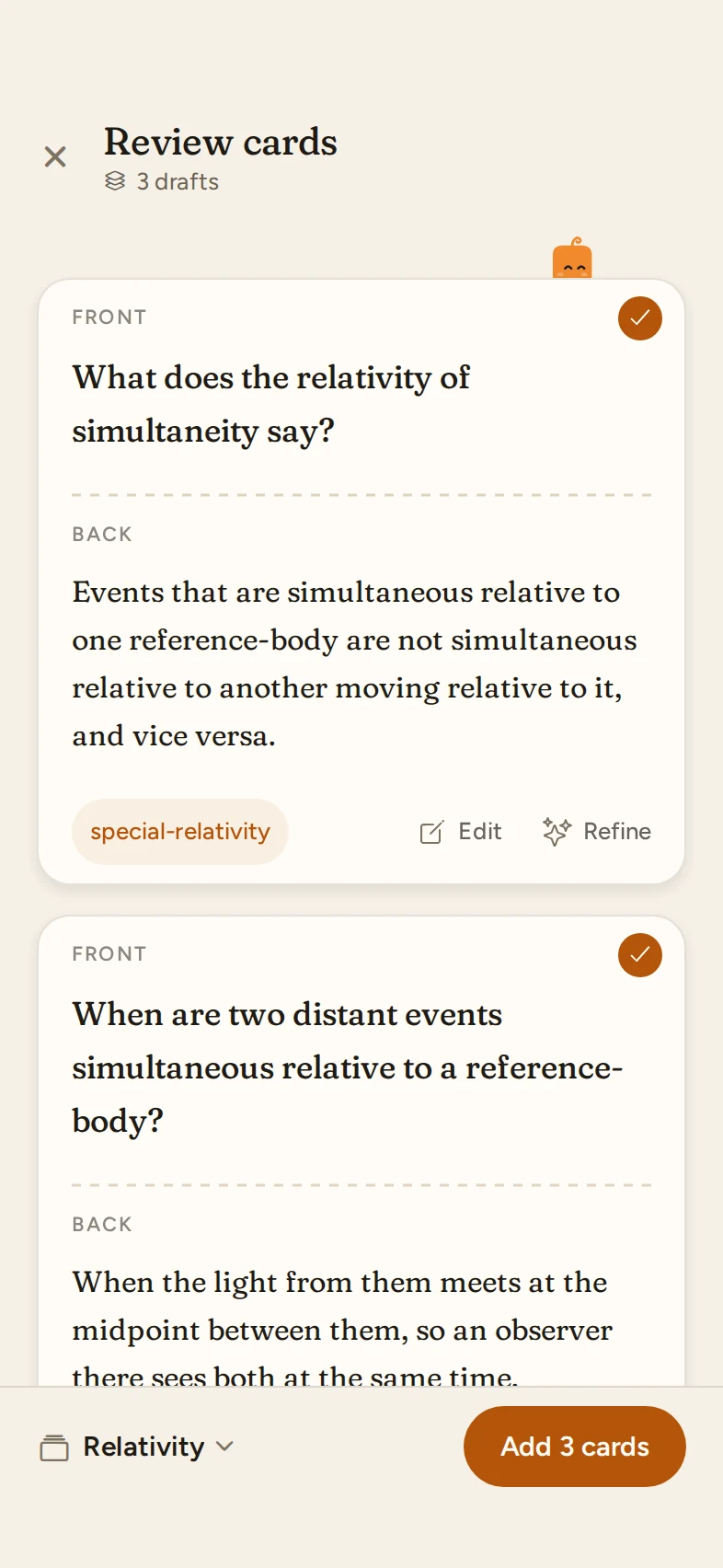 Review cards: flashcard drafts made from a passage in Relativity, each ready to keep, edit, or refine before choosing a deck.