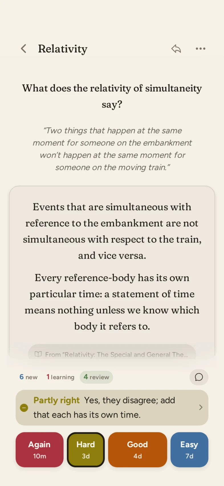 A flashcard in study after an answer: the Answer Coach says it was partly right and what to add, with Hard suggested among Again, Hard, Good, and Easy.